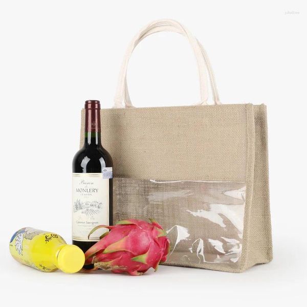 Einkaufstaschen 100pcs Customized Jute Tote mit PVC Strandhandtaschen umweltfreundlich Hessian für Obst/Wein/Saft