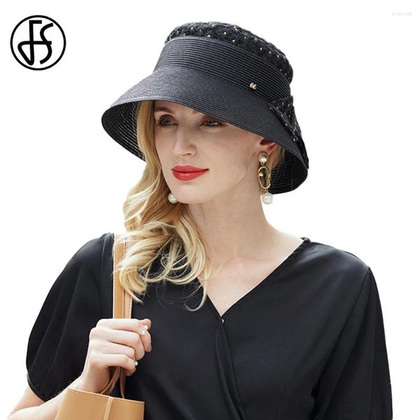 Beretti FS Female Black UV Protection Cappelli da spiaggia per donne con fiori chic Fedora Ladies Outdoor White Sun Visor Cap 2024 Summer