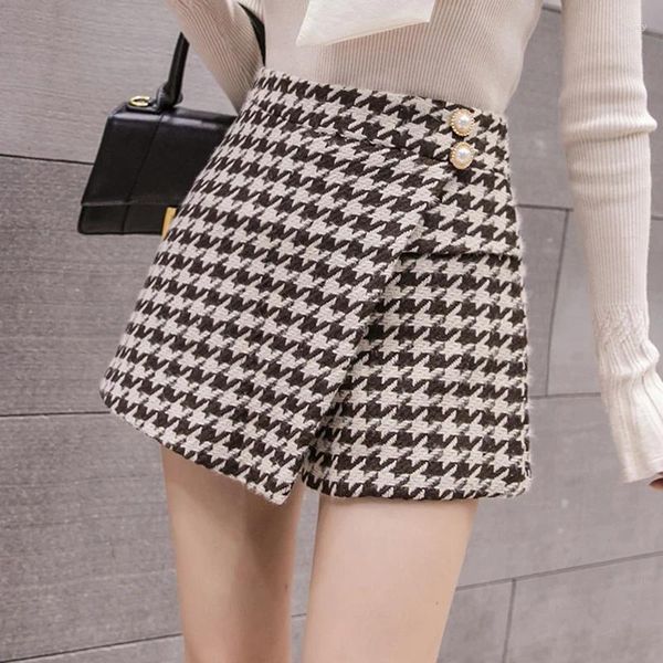 Женские шорты зима сгущать Houndstooth Vintage Wool Юбки для женщин 2024 Высокая талия повседневная нерегулярная широкая нога.