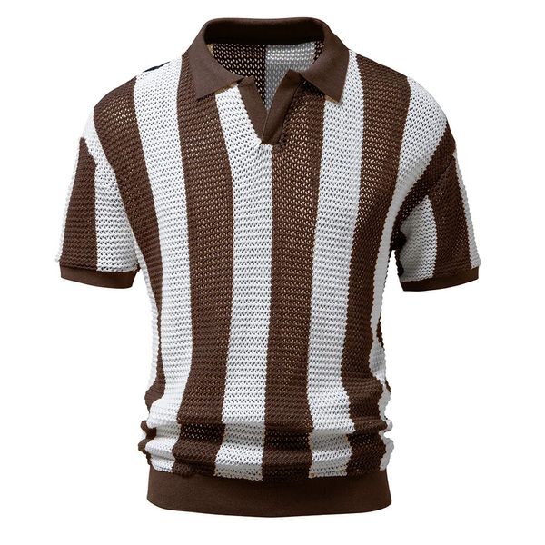 Aiopeson 100% Cotton Hollow-out Mens Polo-Hemden Kurzarm gestrickt V-Ausschnitt durch sexy Polo-Hemden für Männer Sommer 240411