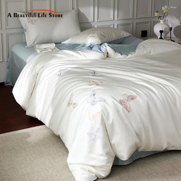 Bettwäsche Sets Luxus Butterfly Stickerei Lyocell Baumwolle weiches seidiger Gefühl Hautfreundlicher Set Bettdecke Bettlaken Kissenbezüge