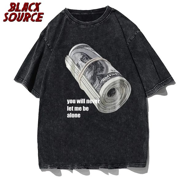 Retro Mens Street Clothing Hip Hop Bündel Geld bedruckt verzweifeltes T-Shirt Harajuku Sommer Baumwoll Wash T-Shirt 240426