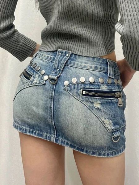 2024 Summer Mulher Mulher Japanha Y2K Salia jeans baixa Rise Jean Cargo Skirt mini sexy quente gyaru 2000s estética