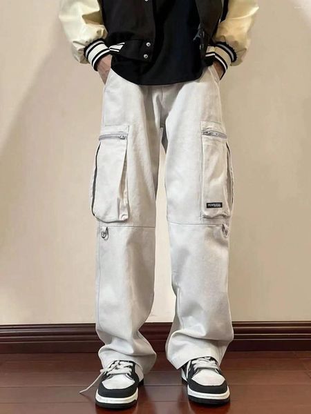Pantaloni da uomo gamba dritta in forma sciolta di carico solido con tasche per lembo per lo stile hiphop di streetwear autunno primavera estate