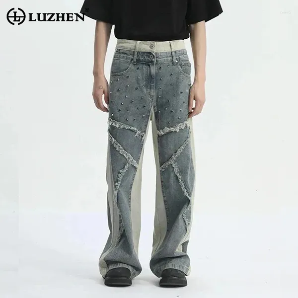 Herren Jeans Luzhen Trend Denim Hosen Sommer Mode Rivet Patchwork Pocket Reißverschluss Casual 2024 Männliche Weitbeinhosen 9c5410