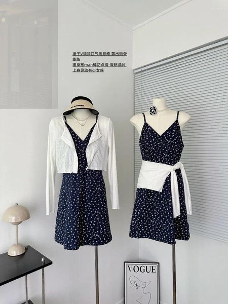 Lässige Kleider koreanische süße Mädchenanzug Frauen Frühling/Sommer langärmelige Strickjacke Blumengurt Kleid zweiteilige Mode weibliche Kleidung