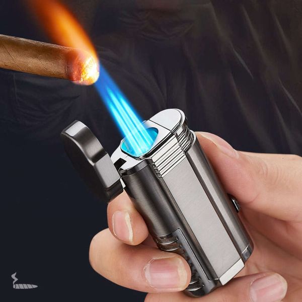 Tre Fire Blue Flame Cigar Accendino Carite Carite Nascus Cig Afferbabile Torcia Accendino più leggera confezione da regalo