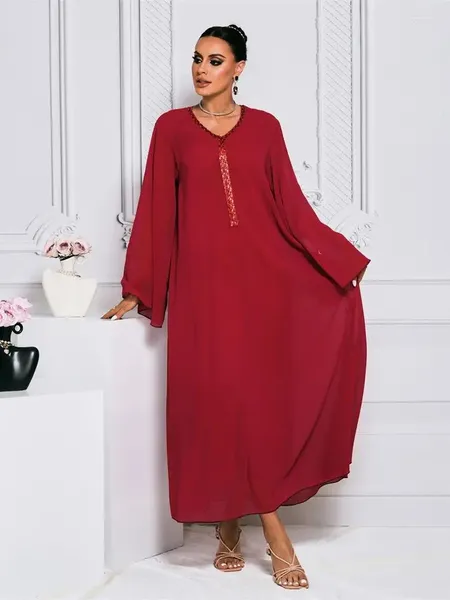 Abbigliamento etnico Ramadan Eid rosso Chiffon Abaya Dubai Turchia Islam Maxi Abito Musulumi Abbigliamento da preghiera Donne Kaftan Kebaya Robe Femme Musulmane