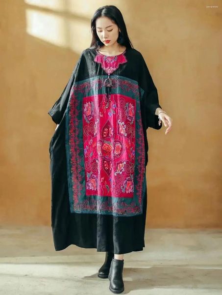 Abiti da festa abito da donna di lusso Black jacquard seta naturale seta plus size ricami in stile cinese vintage patchwork sciolto a lungo
