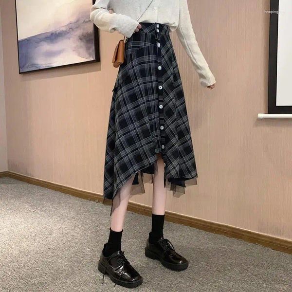 Röcke Frauen im Preppy Style High Taille A-Line Plaid Rock Mode Herbst weibliche Kleidung Chic Mesh Knopf Spleiß unregelmäßiger Midi
