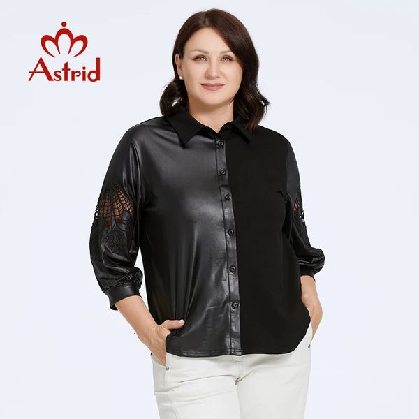 Astrid Womens Shirt 2023 Langarm ausgeschnitten PU -Leder -Top -Frau Kleidung Fashion Stitching Design weibliches T -Shirt 240419