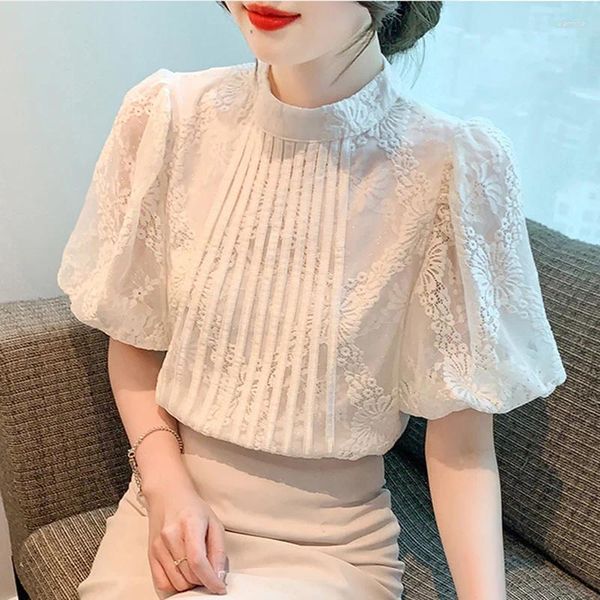 Bloups feminina Summer Womens White Lace Bordado Vintage Office Of Work Tops casuais Puff de manga curta Sweet Shirt 2024