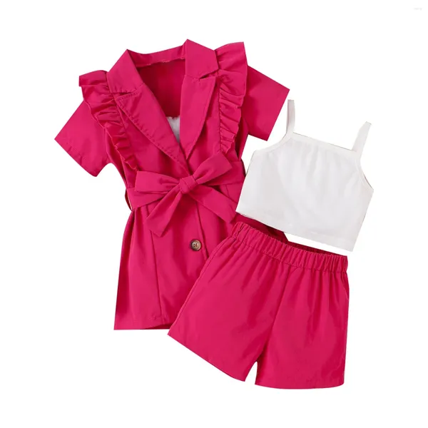 Set di abbigliamento set per bambini set di ragazze primaverili/estate rosa rosa manica corta cappotto pantaloncini giubbotti bianchi feste di compleanno baby