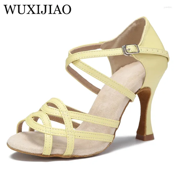 Танцевальная обувь Wuxijiao Ladies Latin Pu Pur Purple Yellow High High Heels Wide Heel 9 см сальса бальный зал