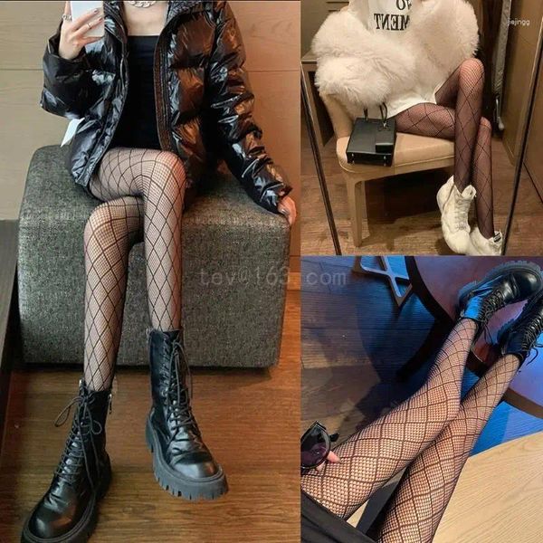 Frauen Socken sexy schwarze Fischnetz Strumpfhosen japanischer Gothic Punk Argyle Plaid Rhombus Mesh Strumpfhohlhöhle -Out -Strümpfe