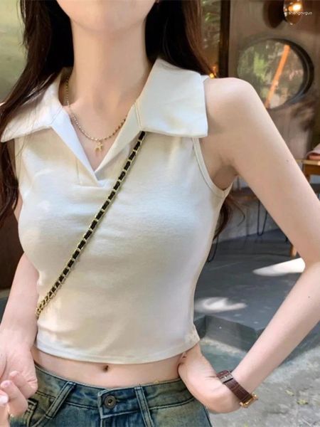 Frauen Tanks koreanisches süßes Mädchen Polo-Hülse ärmellose Tanktop Sommer Slim Fit Short Open Navel Mode weiblich