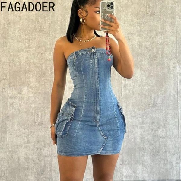 Abiti casual Fagadoer sexy fuori spalla a tubo di jeans senza schienale Donne a tasca senza maniche Mini vestito Mini Vestito Elasticos