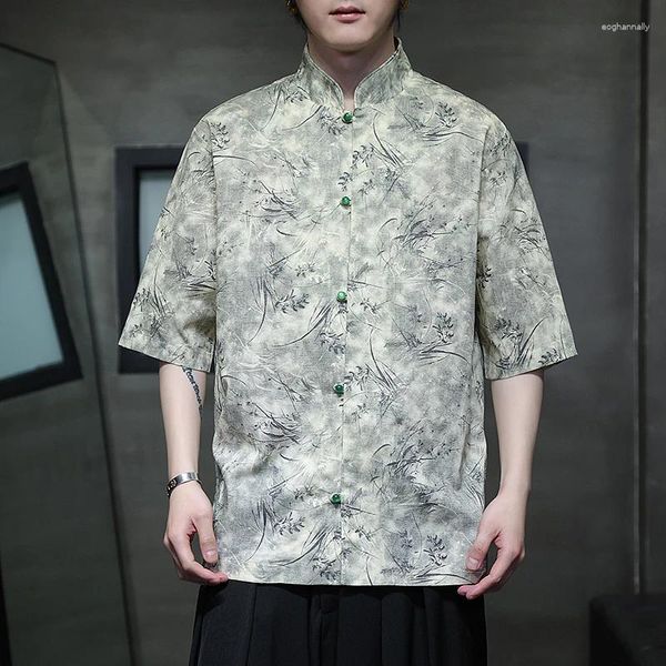 Camisas casuais masculinas homens de verão stand colar vintage solto manga curta many estilo chinês plus size bordas roupas