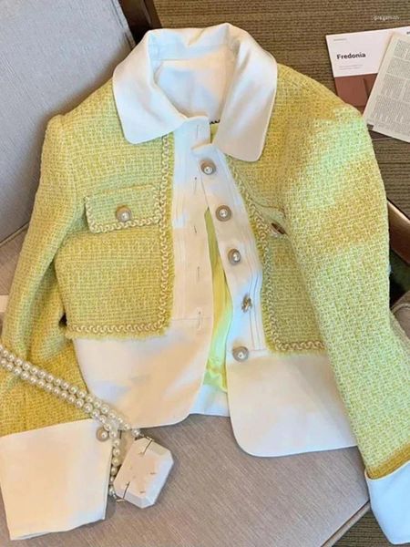 Frauenjacken elegante Dame Korean Fashion Yellow Tweed Jacke Vintage Herbst Winterkurzmäntel Frauen süße lange Ärmeln Outwear