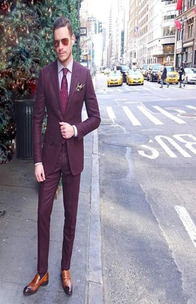 Последние дизайны брюки Burgundy Mens Suits Slim Fit Два пуговица Свадебные смокинги Дешевые плюс плюс размеры на заказ Juptpants6503459