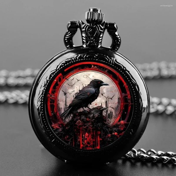 Pocket Watches Creative Retro Crow Bird Quartz Watch For Mull Men Men Black Colar Pingente Pingente Chain Acessórios para Presentes de Cadeia