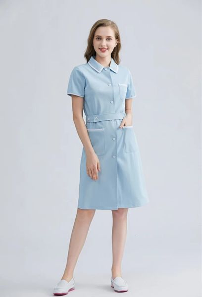 Womens Summer Beauty Salon Nursing Uniform Chimals Shop Clinic Short Short Fashion Working usurati con cintura con cintura slim 240418