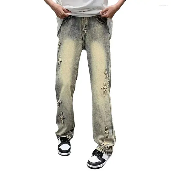 Jeans jeans denim gamba dritta uomo tessuto colore gradiente pantaloni di giunzione con croce angosciata per