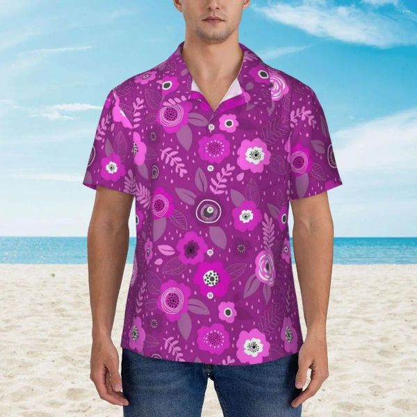 Camisas casuais masculinas elegantes camisa de férias florais elegantes homens de flores roxas havaiano manga curta larga blusas de tamanho grande presente de aniversário