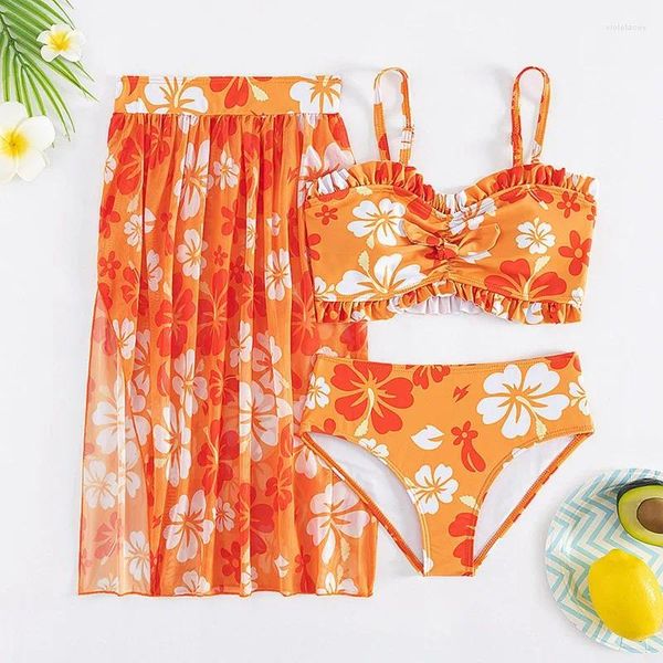 Roupas de banho de banho feminina de 3 peças de aranha de banho de biquíni floral com saia de praia Cute