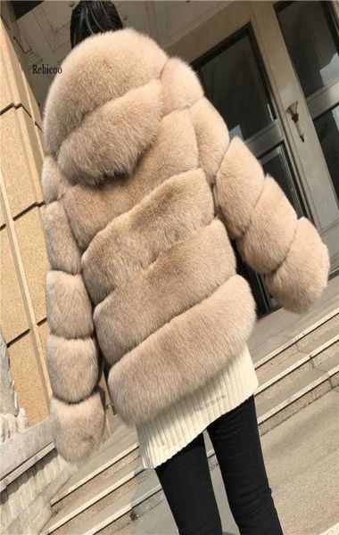 Fox Pel Coat Frauen Winter Mode gefälschte flauschige Fuchsfelljacke mit Kapuzenoutfit Hoodies echte Männer Madeffur Kapuzenmantel weiblich Y0905660260