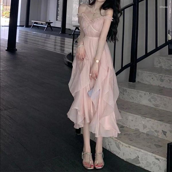 Vestidos casuais vestido de esteira rosa francês literário 2024 Mulheres estilo de fada de fada de verão VELO VIVONELO DE VELADO ELVIMENTO DEEL