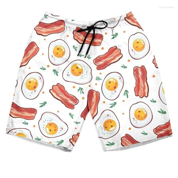 Shorts masculinos deliciosos comida 3D calças curtas para homens roupas grelhadas frango havaiano macarrão frita ham ham gráfico infantil troncos