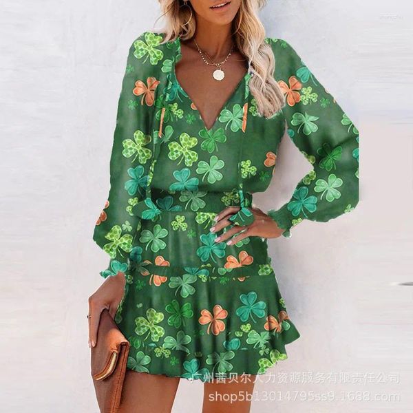 Lässige Kleider Wepbel Sommerkleid Frauen St. Patrick's Day Clover Langarm Mini V-Neck High Taille A-Line Fashion Party