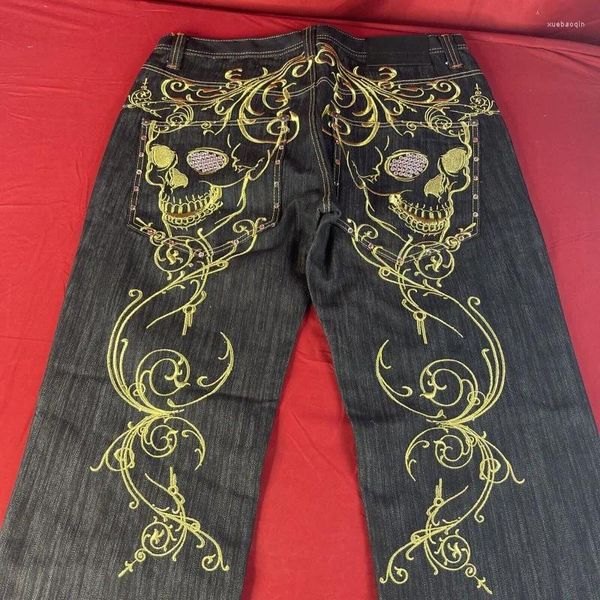 Herren Jeans Mode Gothic Geometrische Schädel Grafikdesign hoch tailliert für y2k ästhetische Hüfthop Vielseitige Weitbein Baggy Hose