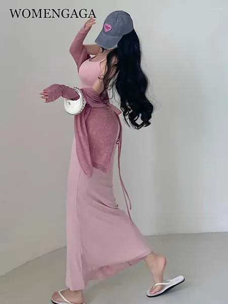 Vestidos casuais Robe rosa womengaga cintura alta sexy esbelto vestido de peixe de peixe inferior comprimento doce estilo coreano roupas femininas y8qr