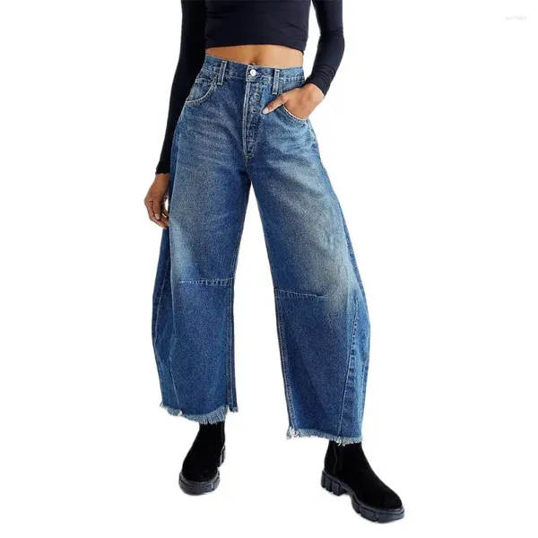 Jeans feminino primavera 2024 moda euro-americana streetwear feminino de cintura alta tipo calças de cowboy de perna larga