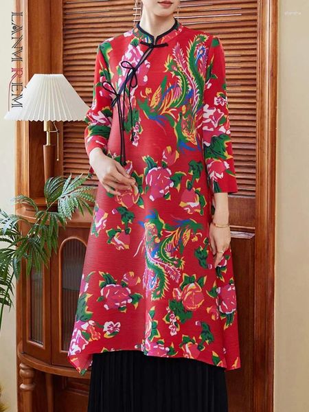 Vestidos casuais vestido plissado de estilo chinês para mulheres colarinho meio rebetês odle bastled flor estampa de verão roupas 2z1258