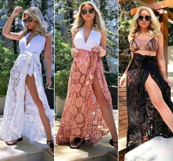 Mulheres biquíni encobrir roupas de banho pura de renda longa praia maxi wrap saias sarongues de verão saia dividida encoberta