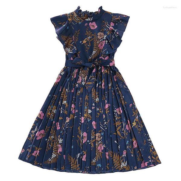 Mädchenkleider Tween Sommerkleid Kurzarm Rüschenkragen Blumendruck Faltenkind A-Line