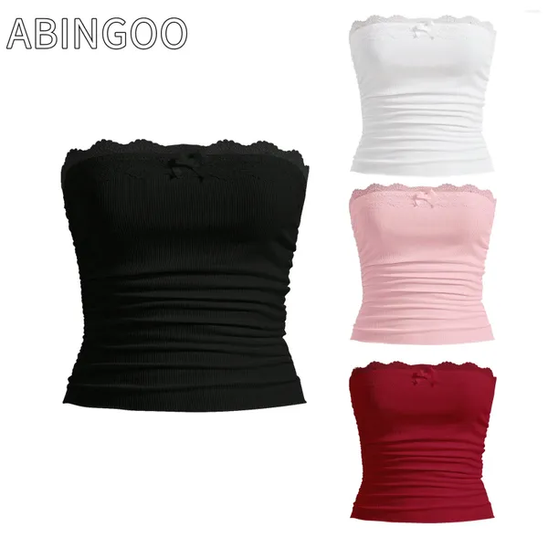 Frauen Tanks Abingoo y2k Ästhetische Harajuku Frauen Top Sommer fester trägerloser Crop Tops Emo Girls Lace Patchwork Süße Bogen Mini -Tube