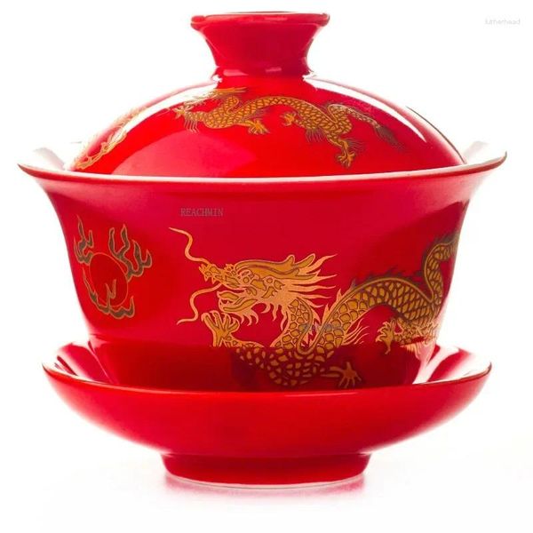 Conjuntos de teaware pintados à mão Dragão vermelho Gaiwan Set Cup Tigela Gai Wan Porcelana