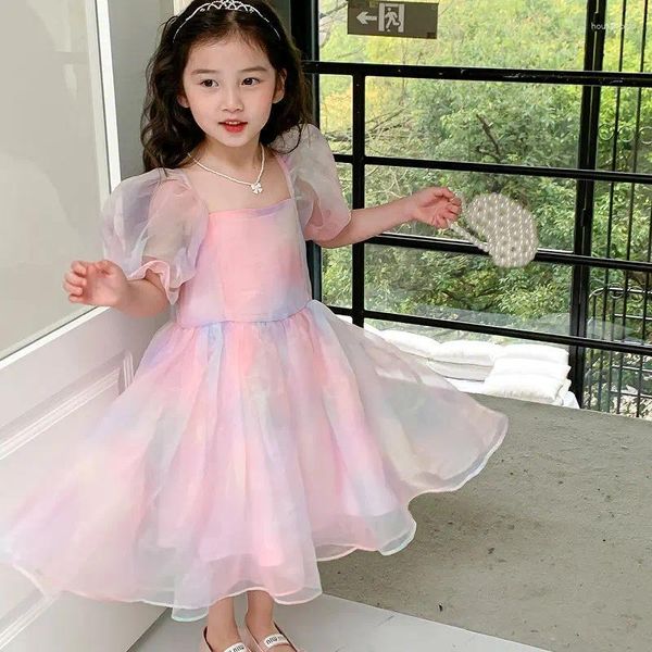 Mädchenkleider Sommermädchen Kleid 2024 lässige und komfortable farbenfrohe Puffärmel -Mesh Prinzessin Mode lose Kleidung