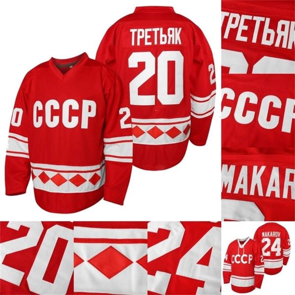 Kob Mens 1980 CCCP Rusya Hokey Forması 20 Vladislav Tretiak 24 Sergei Makarov% 100 Dikişli Kırmızı Hokey Formaları Ucuz S-XXXL