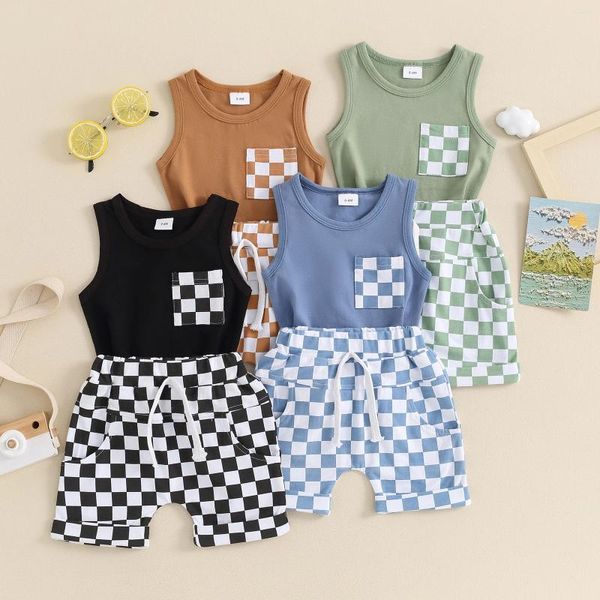 Roupas Conjuntos de roupas FocusNorm 0-3y Criança bebê meninos Roupas de verão Decherboard Plaid Prind Polto Tank Tanks Shorts