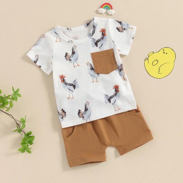 Set di abbigliamento baby boy da 2 pezzi set a collo tondo gallo stampato top maniche corte elastico pantaloncini di colori solidi per bambini