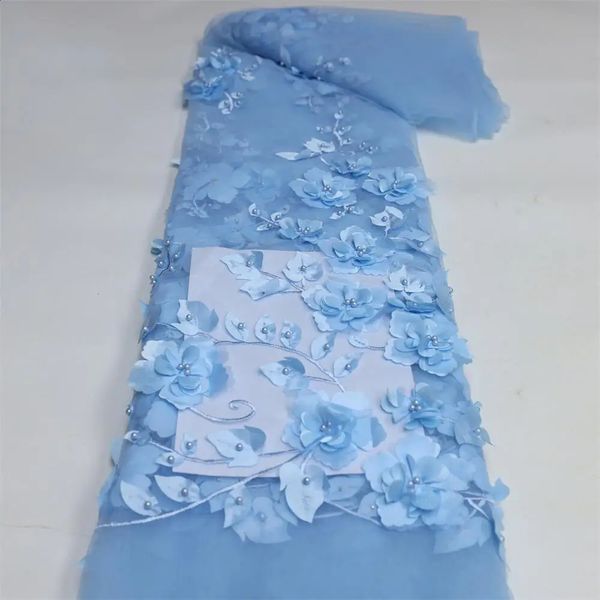 Tessuto in pizzo francese blu floreale 3D tessuto in pizzo in pizzo di alta qualità con tessuto in pizzo perle utilizzato per matrimoni 240426