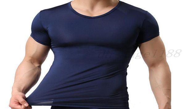 Ganze Woxuan Herren Tanktops Unterhemden Gay Nylon Ice Silk Sheer Short Sleeve Shirts Männlich sexy navyblau T -Shirt8121599