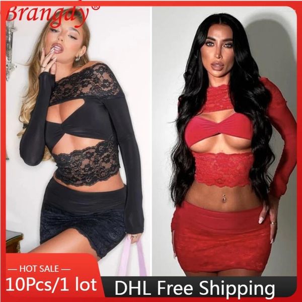 Arbeitskleider 10pcs Schüttgutgegenstände Großhandel Spitzennetz Zwei -Stück -Sets für Frauen Outfits sexy Kleid Langarm Wrap Hip Rock Anzug Y2K B13560