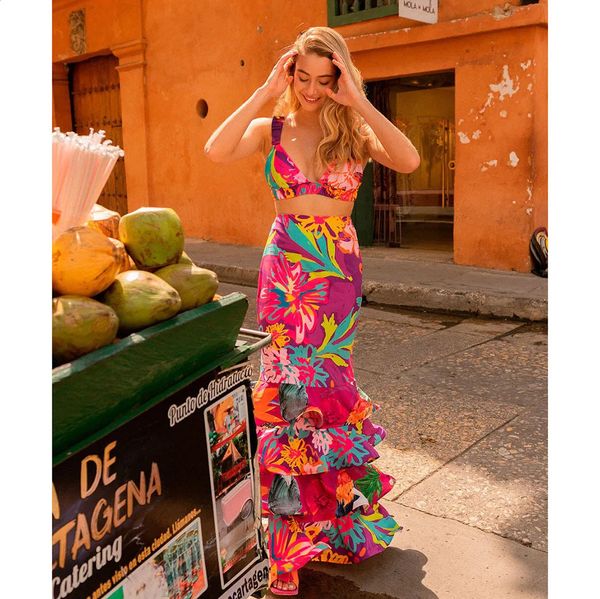 2024 Dress Women Women Summer V Neck Spaghetti Strap Floral Sleeveless Casualmente Split Maxi Abito Malco Copertina UP240416