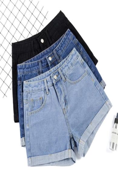 Ailegogo Nuove donne estive gamba larga classica High Waist Black Denim Shorts Casual Female Solido Shorts Blu Blue Blue Shorts 27253416